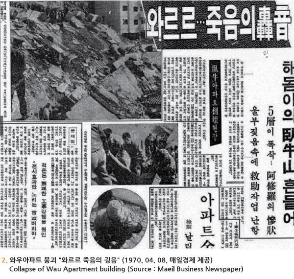 와우아파트 붕괴 "와르르 죽음의 굉음" (1970. 04. 08. 매일경제 제공) Collapse of Wau Apartment building (Source : Maeil Business Newspaper)