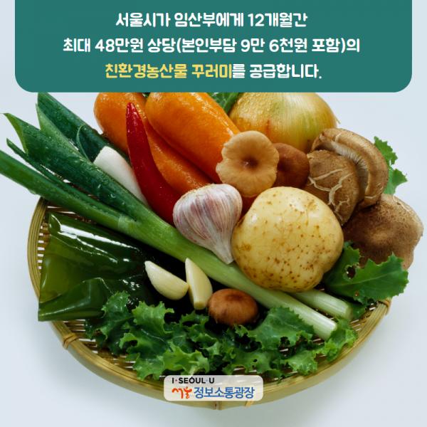 서울시가 임산부에게 12개월간 최대 48만원 상당(본인부담 9만 6천원 포함)의 친환경농산물 꾸러미를 공급합니다.