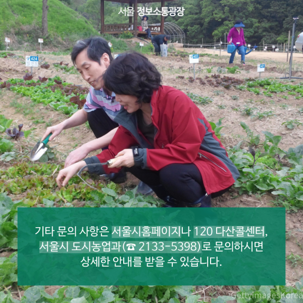 기타 문의 사항은 서울시홈페이지나 120 다산콜센터, 서울시 도시농업과(☎ 2133-5398)로 문의하시면 상세한 안내를 받을 수 있습니다.