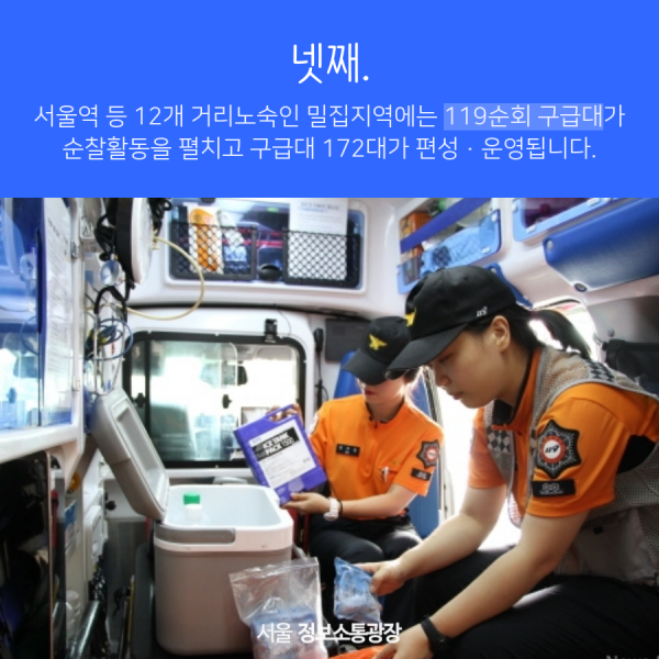 넷째, 서울역 등 12개 거리노숙인 밀집지역에는 119순회 구급대가 순찰활동을 펼치고 구급대 172대가 편성·운영됩니다.