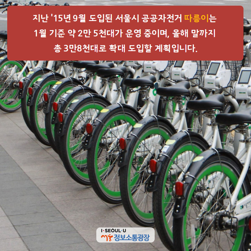 지난 '15년 9월 도입된 서울시 공공자전거 따릉이는 1월 기준 약 2만 5천대가 운영 중이며, 올해 말까지 총 3만8천대로 확대 도입할 계획입니다.