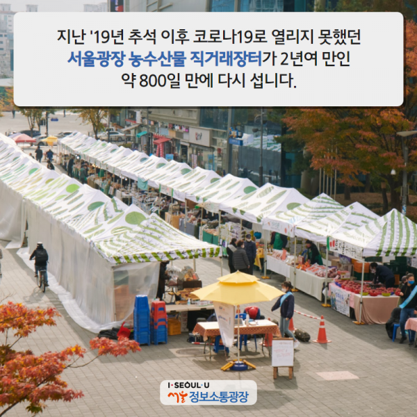 지난 '19년 추석 이후 코로나19로 열리지 못했던 서울광장 농수산물 직거래장터가 2년여 만인 약 800일 만에 다시 섭니다.