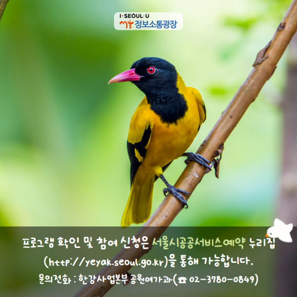 프로그램 확인 및 참여 신청은 서울시공공서비스예약 누리집( http://yeyak.seoul.go.kr)을 통해 가능합니다. 문의전화 : 한강사업본부 공원여가과(☎ 02-3780-0849)
