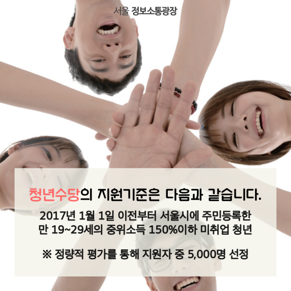 청년수당의 지원기준은 다음과  같습니다. 2017년 1월 1일 이전부터 서울시에 주민등록한 만 19~29세의 중위소득 150%이하 미취업 청년. 정량적 평가를 통해 지원자 중 5,000명 선정