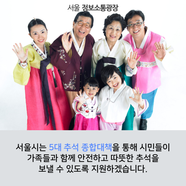서울시는 5대 추석 종합대책을 통해 시민들이 가족들과 함께 안전하고 따뜻한 추석을 보낼 수 있도록 지원하겠습니다.