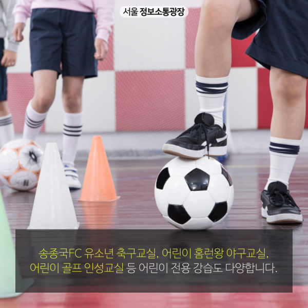 송종국FC 유소년 축구교실, 어린이 홈런왕 야구교실, 어린이 골프 인성교실 등 어린이 전용 강습도 다양합니다.