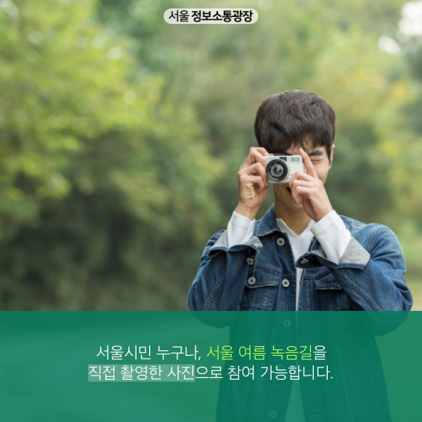 서울시민 누구나, 서울 여름 녹음길을 직접 촬영한 사진으로 참여 가능합니다.